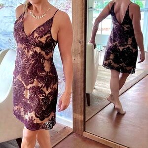 Lace & Brown Sequins Cocktail Dress Plunge V-Neck Open Back Size M NWT